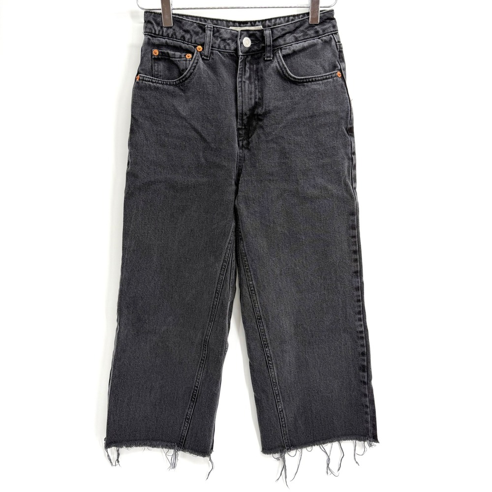 Topshop Moto High Waisted Wide Leg Jeans Size 26 Crop Washed Black Raw Hem